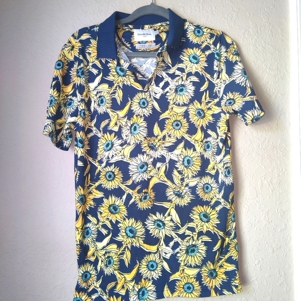 Goodfellow & Co Mens Navy/Sunflowers Standard Fit Short Sleeve Polo Shirt Size S